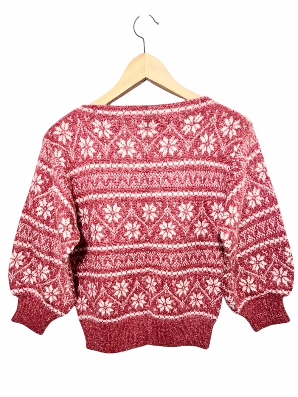 Castle Square Women Lt Red Snowflake Geometric Balloon Slv Boatneck Sweater Sz S